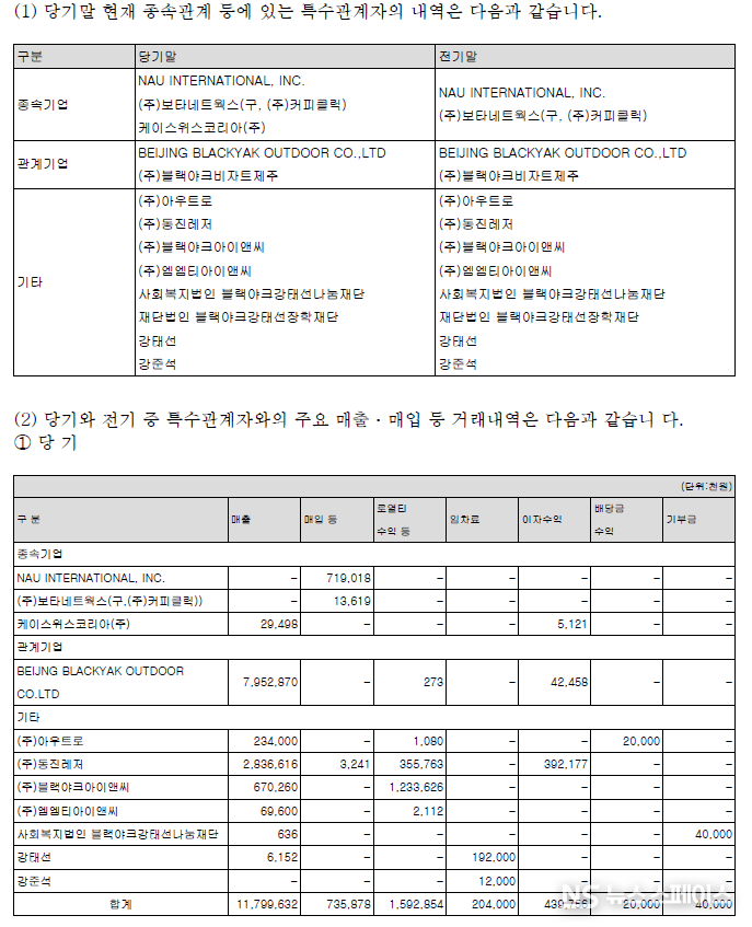 BYN블랙야크의 특수관계자 내역과 매출, 매입 거래내역 / 감사보고서