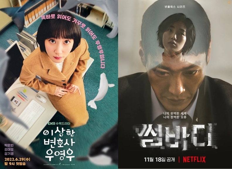 천재적인 두뇌와 자폐스펙트럼을 동시에 가진 신입 변호사 우영우(박은빈 분)의 대형 로펌 생존기를 다룬 ENA드라마 '이상한 변호사 우영우' / 에이스토리, KT스튜디오지니, 낭만크루(왼쪽). 소셜 커넥팅앱 〈썸바디〉를 매개로 살인사건이 벌어지면서 아스퍼거 증후군인 IT개발자 '섬'과 그녀 주변의 친구들이 의문의 인물 '윤오'와 얽히면서 벌어지는 이야기를 그린 넷플릭스 드라마 '썸바디' / 넷플릭스(오른쪽)
