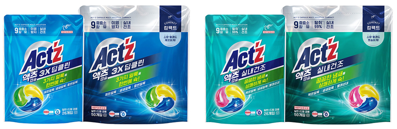 (좌측부터) 피죤 ‘액츠 캡슐 3X딥클린’, ‘액츠 캡슐 3X딥클린 컴팩트’, ‘액츠 캡슐 실내건조’, ‘액츠 캡슐 실내건조 컴팩트’ / 피죤