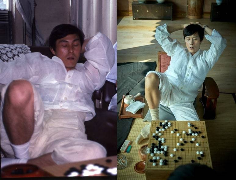 영화 승부에서 조훈현을 연기한 이병헌(오른쪽)이 드러누운 채로 다음 수를 궁리하는 모습. 과거 조훈현(왼쪽)의 대국 모습을 그대로 연기했다. / 바이포엠스튜디오