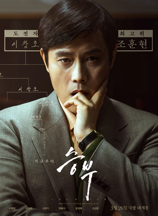 이병헌과 유아인 주연의 2025년 3월 26일 개봉한 한국 영화 <승부>. 1990년대 초, 사제 관계이자 바둑 통산 우승 횟수 1, 2위를 다투는 한국의 대표 기사인 조훈현과 이창호가 치렀던 승부를 배경으로 한 실화 바탕 바둑 영화이다. / 제작사영화사월광, BH엔터테인먼트, 배급사 바이포엠스튜디오