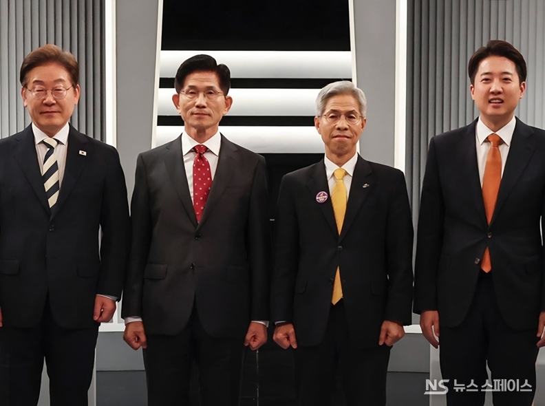2025년 6월 3일 치러지는 제21대 대통령 선거에 대통령 후보로 나선 (왼쪽부터) 이재명, 김문수, 권영국, 이준석 후보의 모습 / 방송화면 캡처