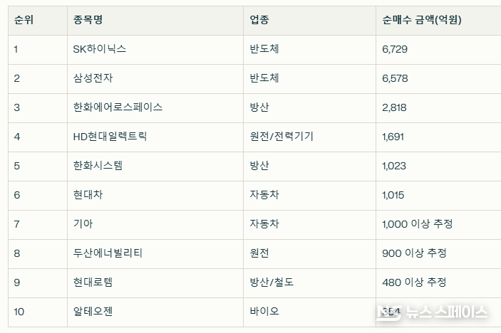 대선이후 6월 4일부터 10일까지 외국인 순매수 상위 10개 종목. 한국거래소 취합 / 뉴스스페이스DB