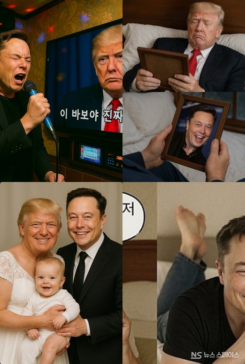 극단적인 대결구도로 치닫던 도널드 트럼프 미국 대통령과 일론 머스크 테슬라 최고경영자(CEO) 사이의 갈등이 일단락되는 모양새다. 두 사람의 브로맨스를 풍자해 인터넷과 SNS등에 올라온 각종 밈 제작물들 / 뉴스스페이스DB