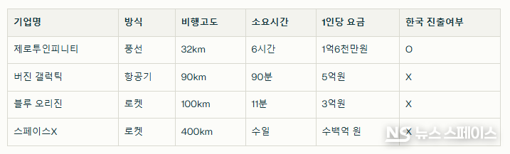 글로벌 우주관광 서비스기업들의 주요 우주관광 서비스 현황 / 뉴스스페이스DB