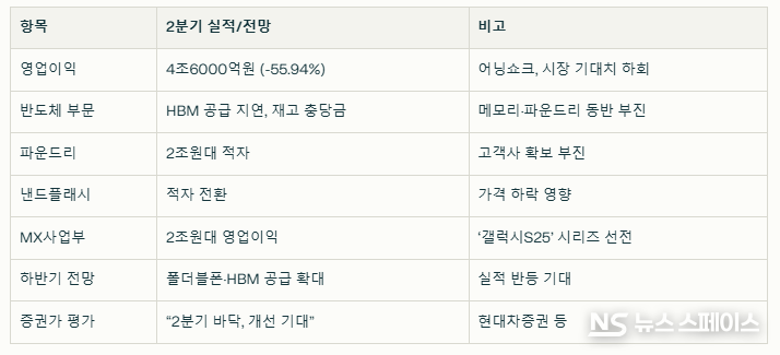 삼성전자 2분기 실적 및 주요 전망 수치 / 뉴스스페이스DB