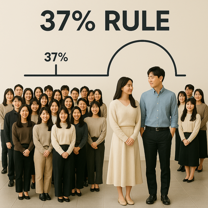 연애할때 100명을 만날 수 있다고 가정하면, 첫 37명은 아무리 마음에 들어도 결혼을 미루고, 38번째부터는 이전에 만난 37명보다 더 좋은 사람이 나타나면 바로 선택하는 것이 가장 높은 확률로 최고의 상대를 고를 수 있는 전략이다. / 퍼플렉시티