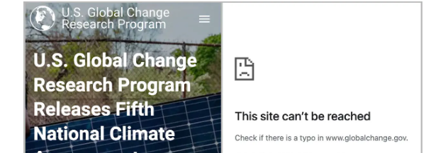 기후 관련 보고서를 열함할 수 있는 연방 정부 공식 웹사이트(globalchange.gov)가 갑자기 폐쇄됐다. / globalchange.gov