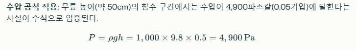 수압 공식( P=ρghP=ρgh, ρ=1,000 kg/m3ρ=1,000kg/m3, g=9.8 m/s2g=9.8m/s2, h=0.5 mh=0.5m)에 따르면, 무릎 높이(50cm 이상) 물에서는 약 4900파스칼(약 0.05기압)이 다리 둘레에 작용한다. 이 압력은 장화가 무거운 상태에서 다리를 빼거나 걷는 것을 매우 어렵게 만든다. / 뉴스스페이스DB