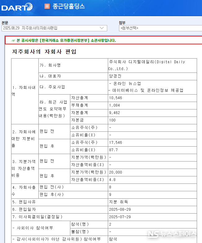 종근당홀딩스의 8월 29일 금융감독원 공시 / 금융감독원 전자공시시스템