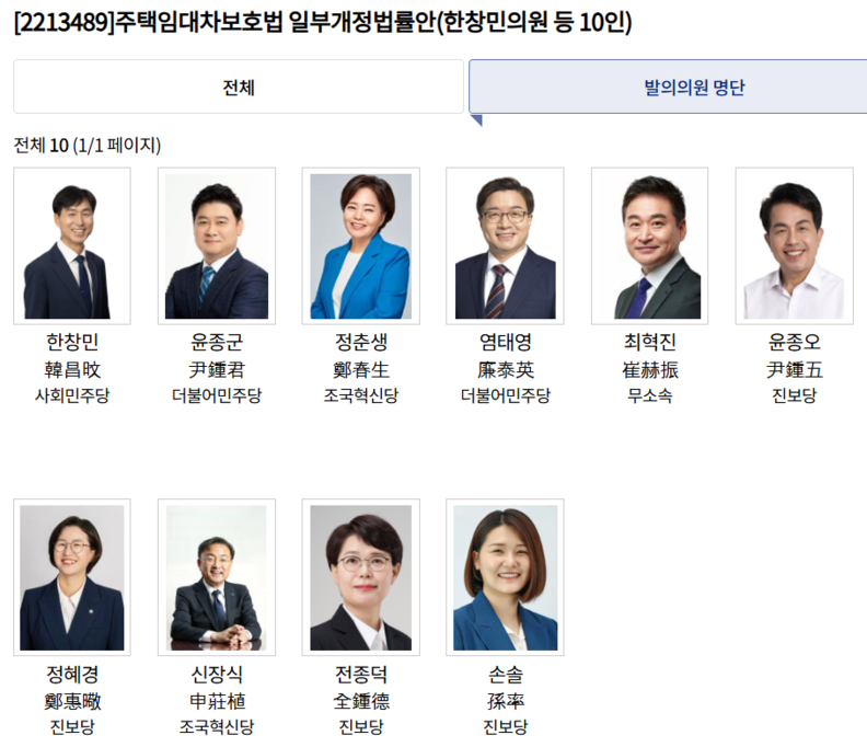 '주택임대차보호법 일부개정법률안' 발의 의원들 10명 명단 /국회 의안정보시스템