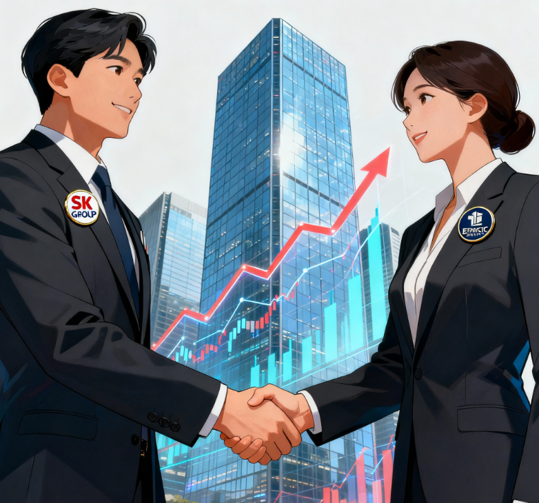 SK그룹은 사모펀드 한앤컴퍼니에 부동산 개발사 SK디앤디의 경영권을 넘겼고, 반도체 웨이퍼 제조사 SK실트론 경영권 지분 70.6% 매각협상을 두산그룹과 협의중이다. / 퍼플렉시티 