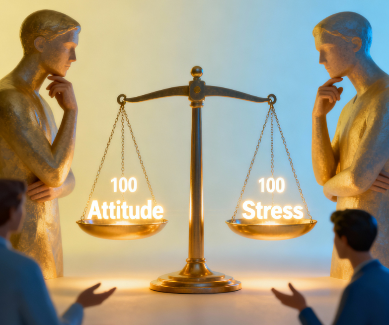 우리 인생에서100점 짜리 단어도 있을까? "Attitude(태도)"와 "Stress(스트레스)"가 각각 100점이다. / 퍼플렉시티 