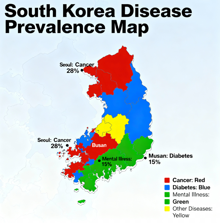 국민건강보험공단이 최근 발간한 ‘2024년 지역별 의료이용 통계연보’에 따르면, 한국 내 주요 질병별 발생률은 지역별로 뚜렷한 차이를 보였다. / 퍼플렉시티 