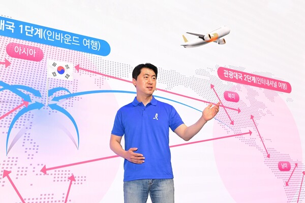 이수진 야놀자 총괄대표가 20일 인터파크트리플 비전 선포 미디어데이에서 야놀자의 인벤토리, 야놀자클라우드의 글로벌 네트워크, K-트래블의 중심 인터파크트리플을 결합해 ‘글로벌 원톱 트래블 테크 기업’으로 도약할 것임을 발표했다. [야놀자]