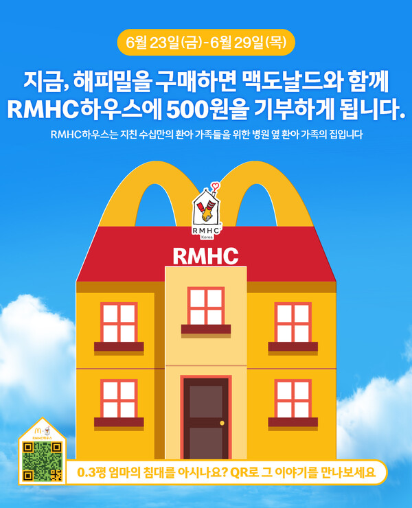 한국맥도날드는 중증 환아와 가족들을 위한 제2의 집 ‘로날드 맥도날드 하우스’의 수도권점 건립에 힘을 보태고자 해피밀 세트 1개 판매 당 500원의 기부금을 적립한다. [맥도날드]