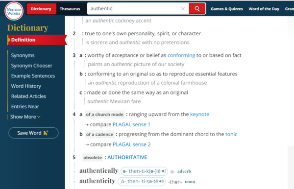 메리엄 웹스터(Merriam-Webster) 사전 홈페이지에서 ‘올해의 단어’로 선정된 ‘authentic’을 검색한 화면 [Merriam-Webste]