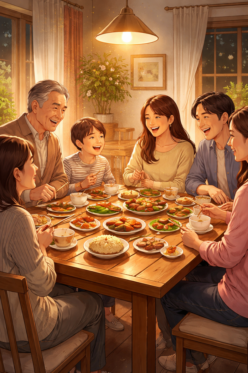 A family, gathered around a table, sharing a meal. / ChatGPT A family, gathered around a table, sharing a meal. / ChatGPT
